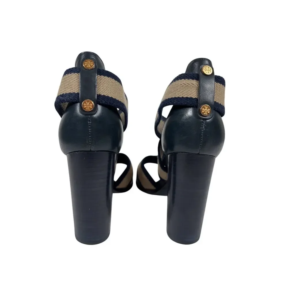 Tory Burch Sandals Womens 7 Navy Blue Laurie Striped Block Heel Slide Logo Studs